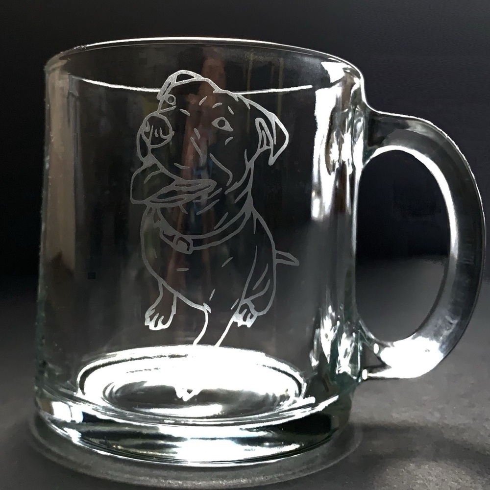 Custom etched glass mug. New